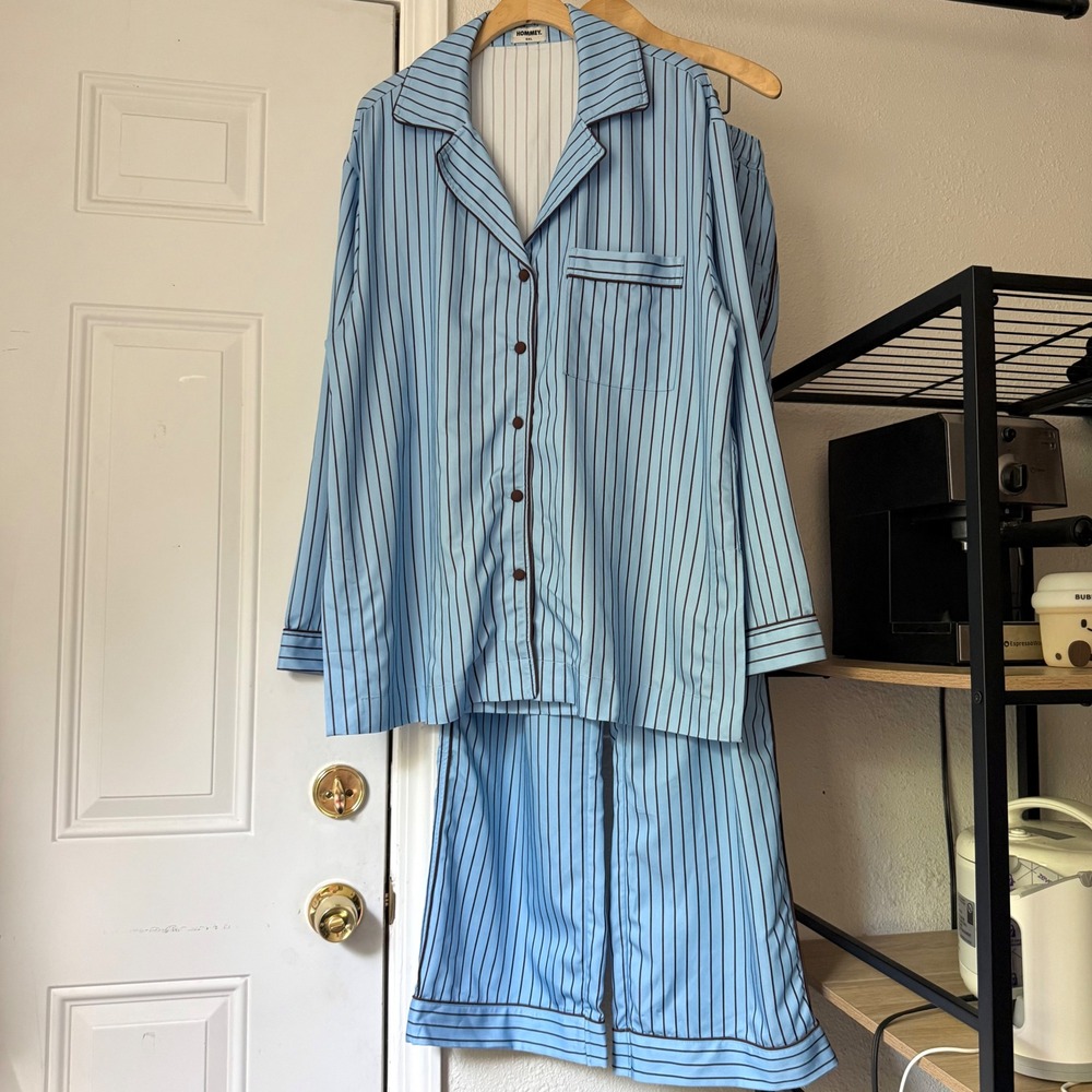 HOMMEY blue pin striped long sleeve button up shirt pants pajama sleep set